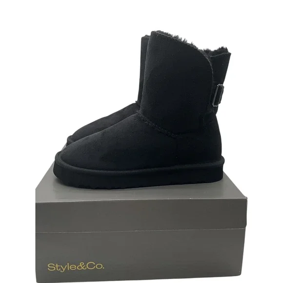 Style & Co Tessaa Black Faux Suede Faux Fur Lined Buckle Winter Boots Womens 7