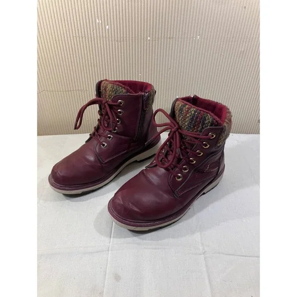 Forever Burgundy Faux Leather Lace Up Winter Boots Women's Size 38 Zip Knit Cuff