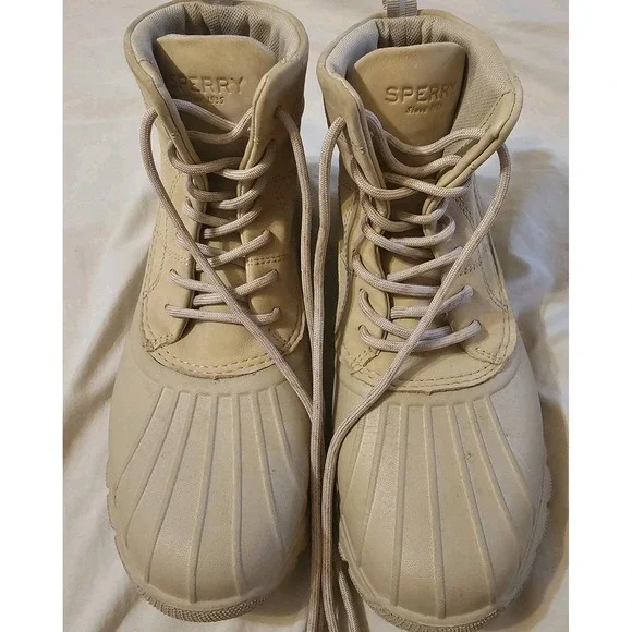 Size 9.5 Sperry Women's Top-Sider Duck Float Lace Rain Boots Sand Tan Waterproof