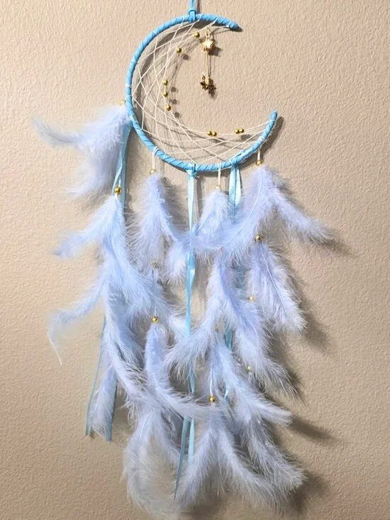 Crescent Moon Dreamcatcher Light Blue with White Feathers Gold Beads Star Charms