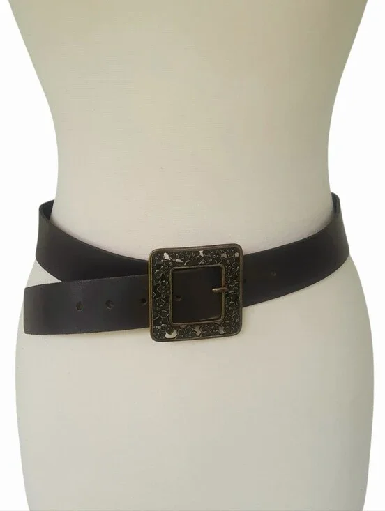 Vtg MAURICES Brown Wide Leather Belt w/Antique Brass Square Filigree Buckle Sz L