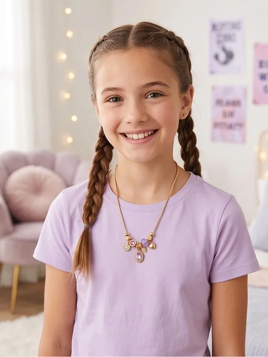 Gold & Lavender Crystal Charm Necklace for Tweens / Girls (16-18 Inches)