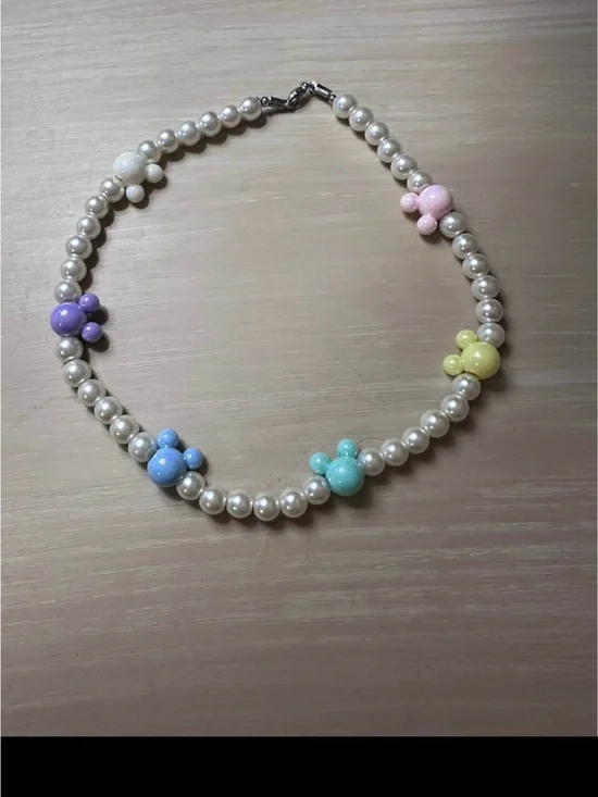 Pearl Bead Necklace with Pastel Mickey Accent Beads - Multicolor