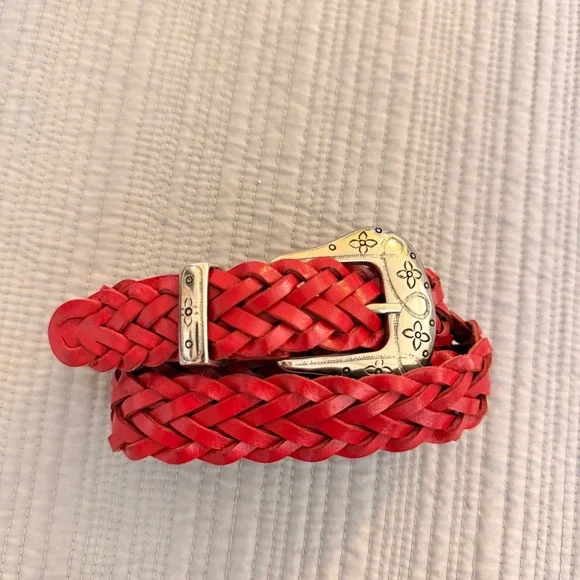Ribco USA Red Braided Leather Western Belt Silver Floral Buckle XL Boho Vintage