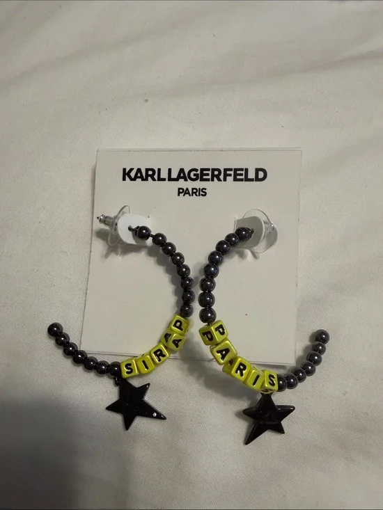 Karl Lagerfeld Black Beaded Hoop Earrings with Yellow Letter Beads