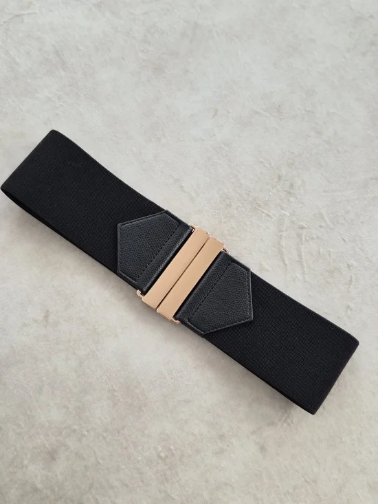 H&M Black Wide Elastic Stretch Belt Gold Buckle Size XS
