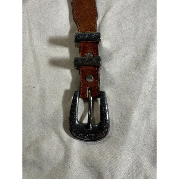 Brighton Brown Leather Western Belt Silver Etched Buckle Tip Cognac Size 30