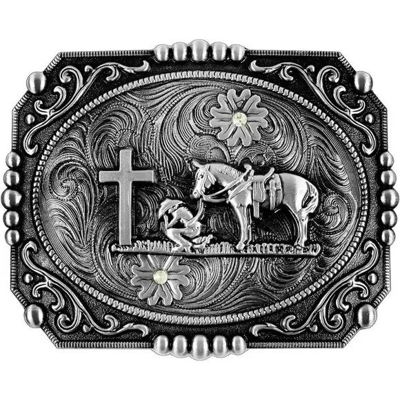 Women's Silver Religion Cross Kneeling Prayer And Horse Design Belt Buckles