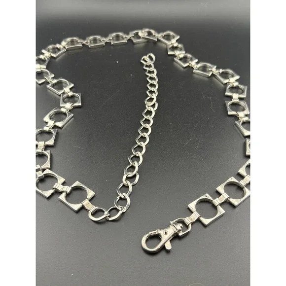 Silver Tone Geometric Link Chain Belt Square Circle Y2K Adjustable Metal 42