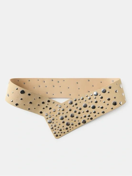 Zara Studded Leather Belt in Light Yellow/Beige. Size US 34. Brand new!