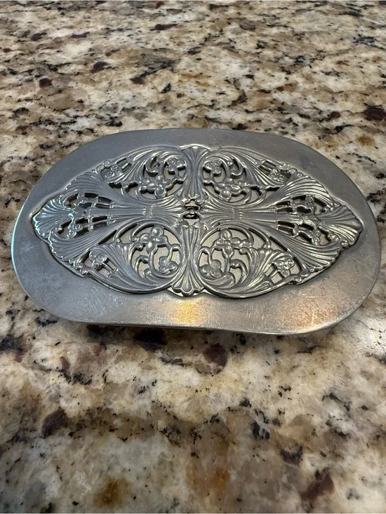 Western silver tone ornate floral scrolled belt buckle
