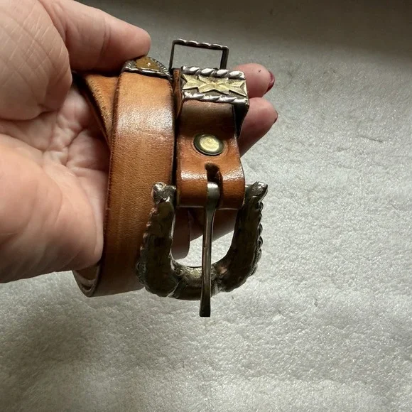 Vintage‎ Handmade 70s Leather Belt Women L Brown Alpaca Mexico Buckle Southwest