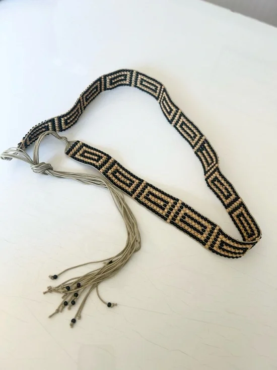 Vintage Boho Black and Beige Beaded Tassel Tie Belt Festivals Coachella