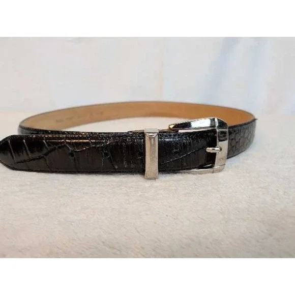Italian Genuine Leather Embossed Crocodile Belt Men's 34 Black Silver Buckle
