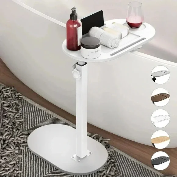 White Bathtub Tray Table Adjustable Height, Freestanding Bath Caddy bathroom