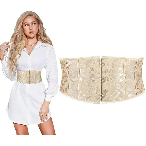 Women's Jacquard Corset Belt Lace Up Bustier Waspie Belt Renaissance White Beige