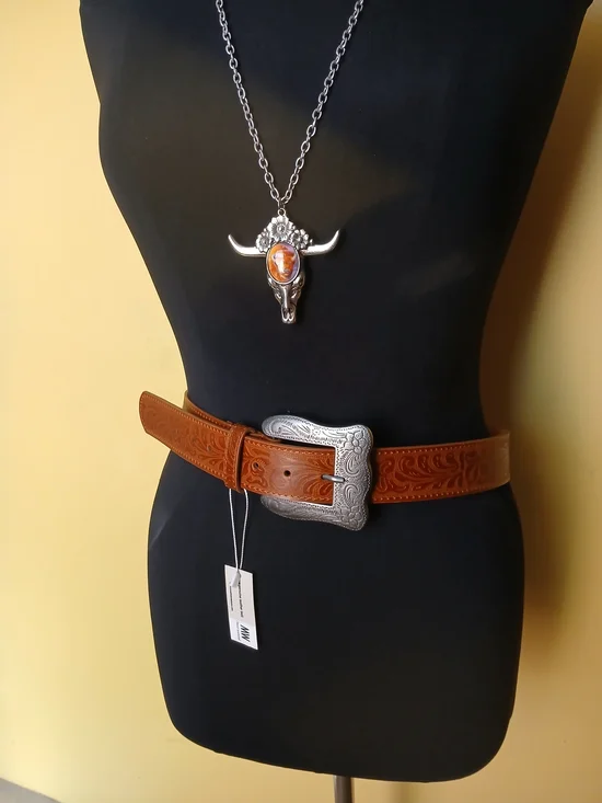 Leather Tooled Western Belt with Silver Buckle - Brown