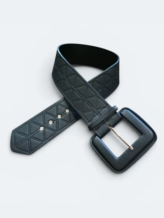 SHEIN Black Wide Waist Belt Quilted Geometric Pattern Square Buckle Boho
