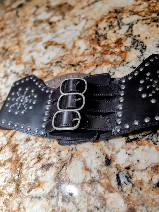Women’s Wide Black Studded Leather Waist Belt with Triple Buckle