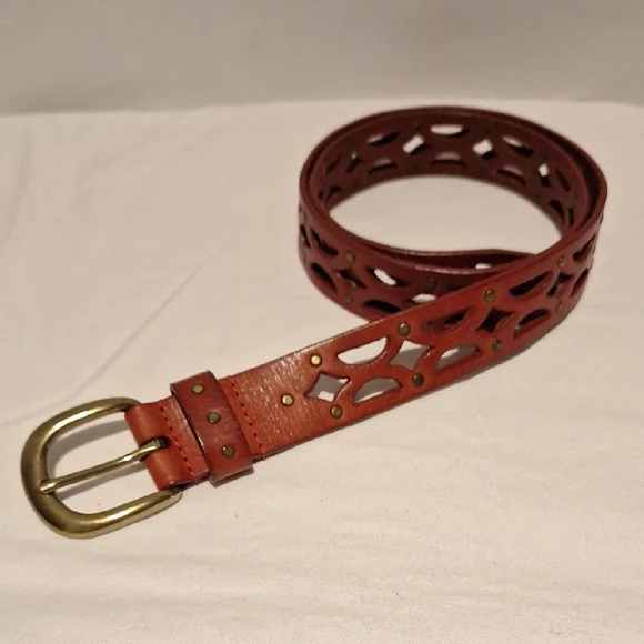Vintage Deep Red Brick Color Leather Cutout Belt with Brass  Buckle And Studded