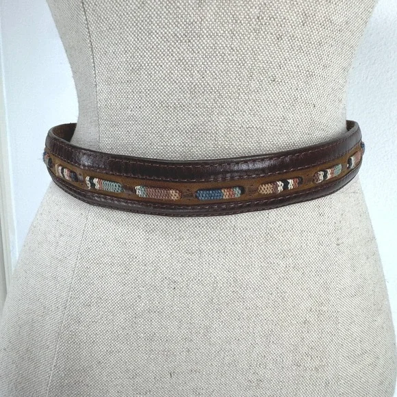 Brighton Brown Leather Woven Inlay Western Belt Silver Buckle 36 Vintage Cowgirl