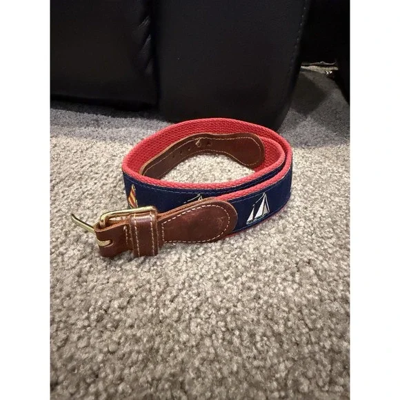 Preston Belt Size 24 Sail Boat Leather Brass Canvas Nautical Preppy Yacht Coast