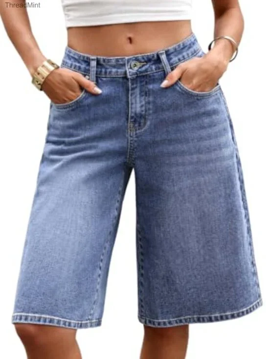Low Rise Baggy Bermuda Shorts for Women Stretchy Knee Length Denim Jorts Summer