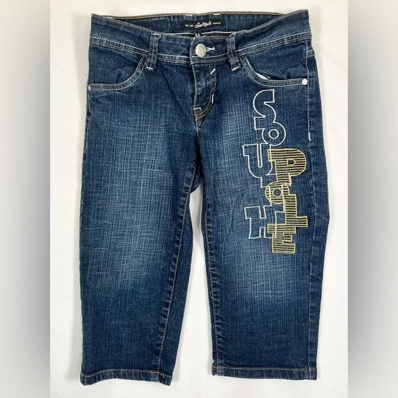 SOUTH POLE‎ Juniors Long Dark Wash Y2K Denim Blue Jean Shorts Logo Front Size 5