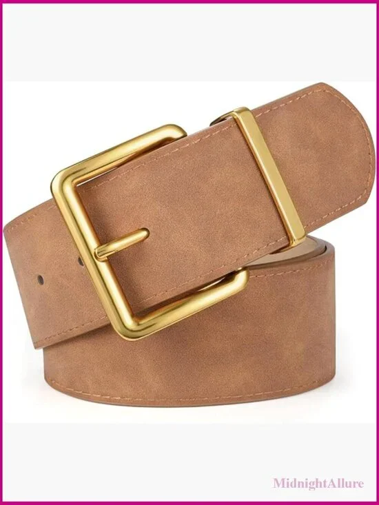 Wide Chunky Suede Belt with Gold Square Buckle - Fully Adjustable