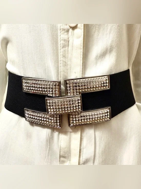 Black PU leather elastic waistband belt with silver buckle and rhinestone