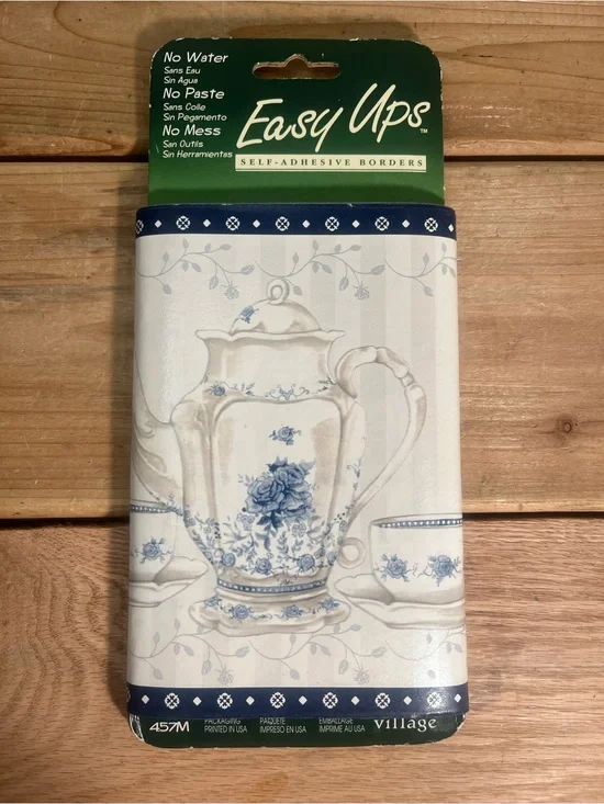 Easy Ups Self Adhesive Borders Wallpaper Blue White Teapot Cup Floral VTG New