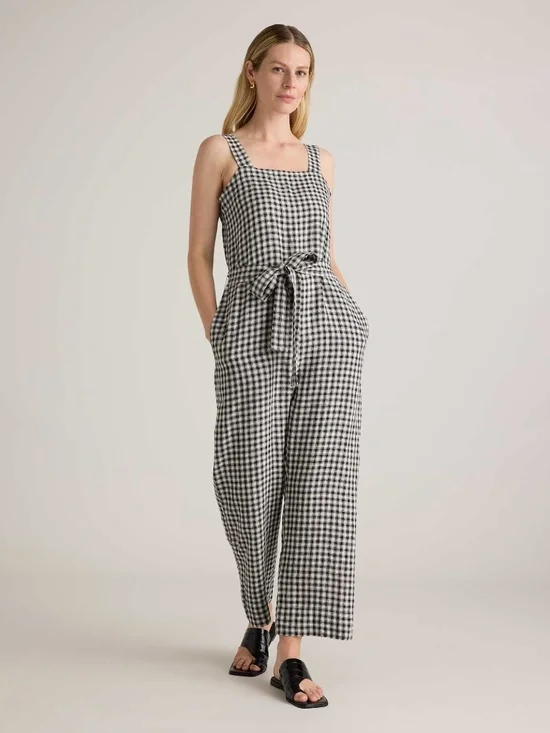 100% European Linen Square Neck Jumpsuit - Black/Oatmeal Gingham