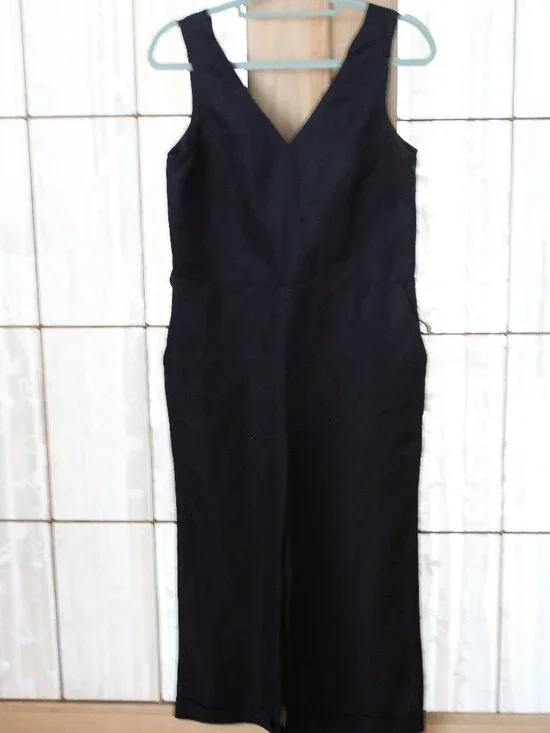 Banana Republic Women Jumpsuit Sz 8P Navy Sleeveless Rayon Linen Shift Side Zip