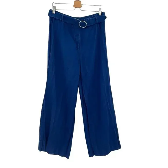 Reformation Ace Linen Pant Wide Leg Trousers Belted Blue‎ Size 8