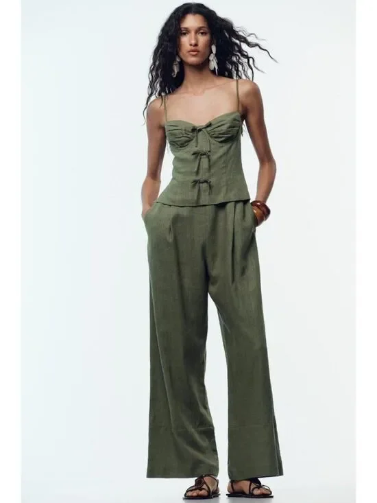Zara Womens Jumpsuit M Green Linen Blend Wide Leg Sleeveless Bows 8447/734 NWT