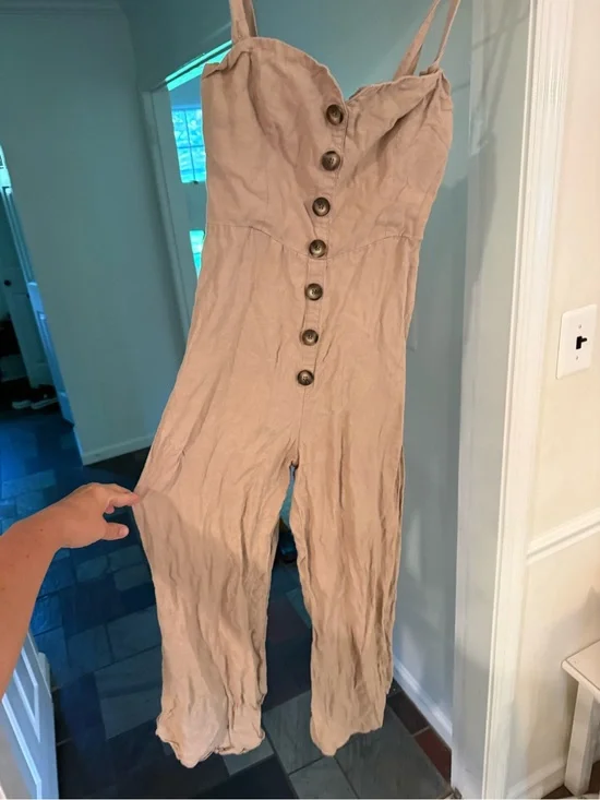 Reformation Beige Button-Front Linen-Blend Jumpsuit