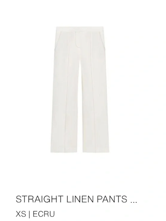NWT Zara XS Straight Leg Linen Pants Ecru with Light Brown Contrast Stitching
