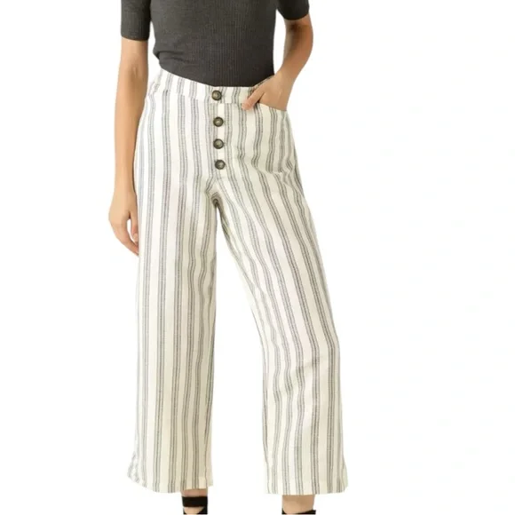 Mango‎ MNG Off-White & Black Linen Striped Cropped Parallel Trousers Pants Small