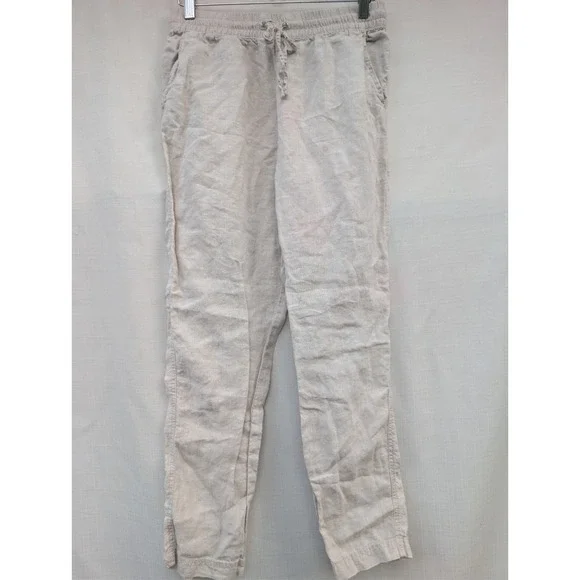 H&M‎ Light Beige 100% Linen Drawstring Waist Ankle Pants Size S Neutral Coastal