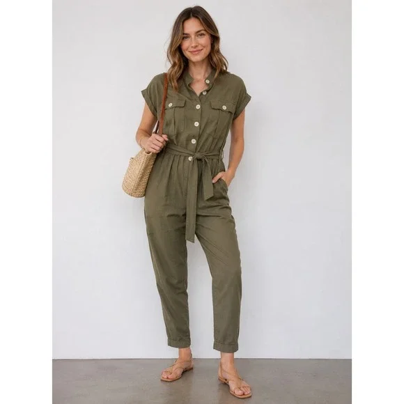 Zara Utility Jumpsuit Women L Olive Green Linen Blend Belted Short Sleeve Safari