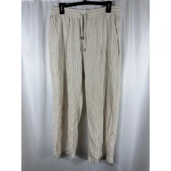 ZARA Linen Blend Striped Drawstring Waist Wide Leg Pants‎ Women L Beige Black