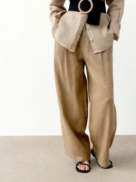 Zara 100% Linen Neutral Tan High Waist Wide Leg Pants M