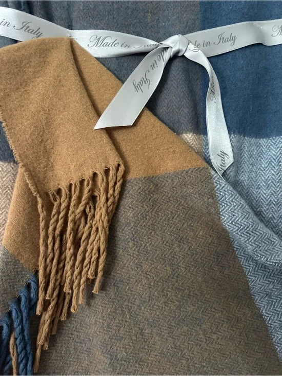 Made in Italy Camel and Blue Cashmere like Throw Blanket by La Limonaia Tessuti