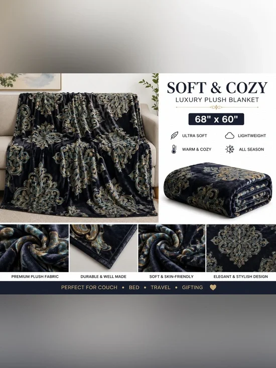 Soft & Cozy Luxury Plush Blanket - Black Floral Damask Soft blanket   68”x60”