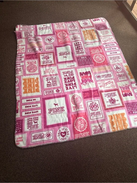 PINK Victoria's Secret Patchwork Logo Plush Throw Blanket in Pink & Orange