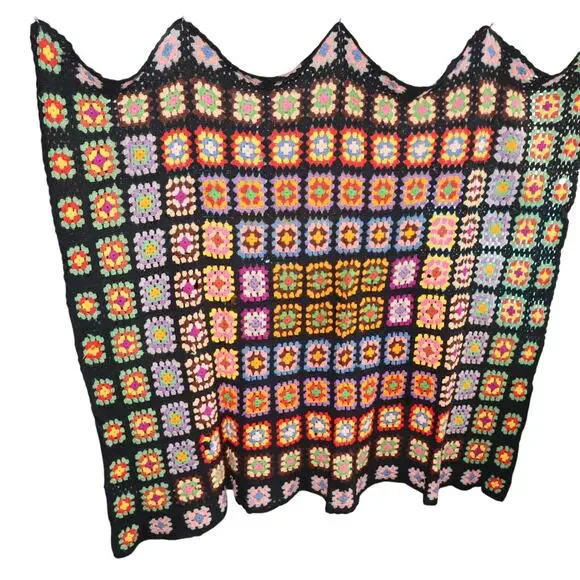 Vintage Granny‎ Square Crochet Blanket 60x50 Black Multicolor