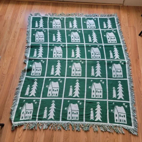 VTG Christmas Throw Blanket Woven Cotton Green White Houses Trees Reversible