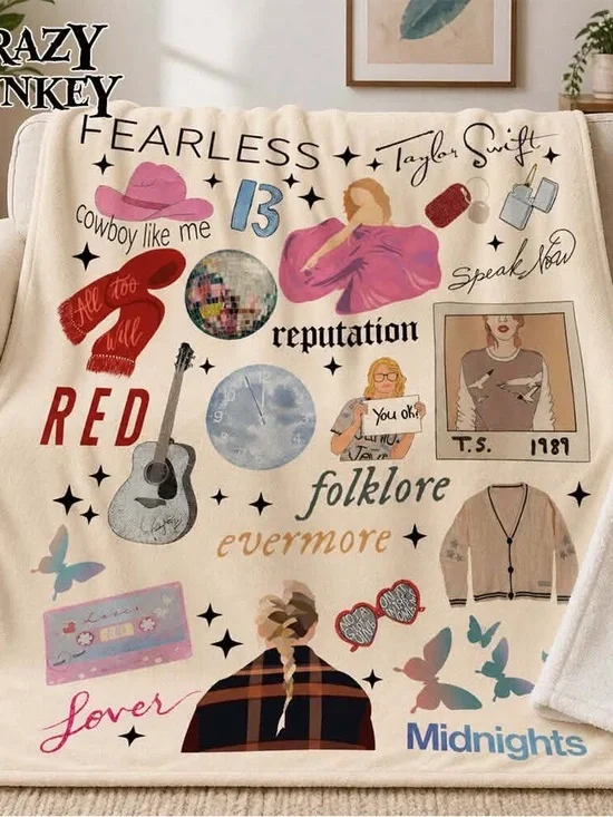 Taylor Swift Album Collage Fleece Throw Blanket - Cream with Multicolor Icons