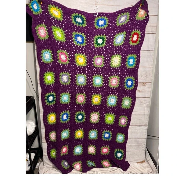 Vintage Handmade Crochet Granny Square Afghan Blanket Purple Multi Color Throw