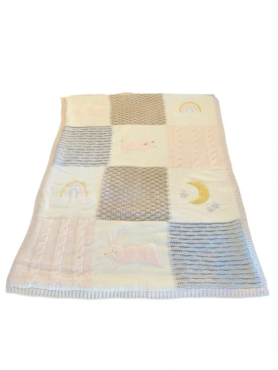 Pottery Barn Kids Pastel Patchwork Knit Baby Blanket - Pink, Cream, Gray, Yellow